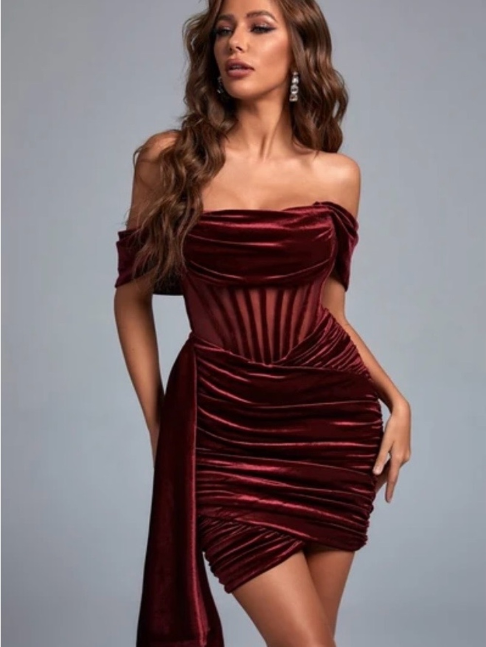 Off-Shoulder Burgundy Velvet Sheath Dress
